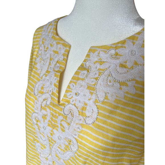 Talbots 100% Linen Yellow Striped Beaded Tunic Women's Size S Embroidery Preppy - Picture 3 of 7